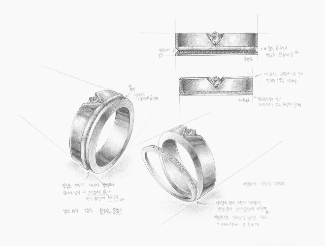 청담예물 쥬드주얼리 웨딩밴드 오더메이드를 위한 디자이너의 작업 과정이 담긴 반지 디자인 스케치
